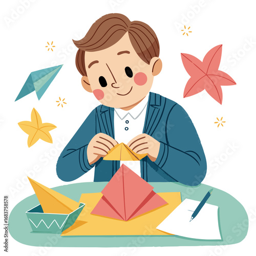 A young man enjoying the hobby of origami paper folding.