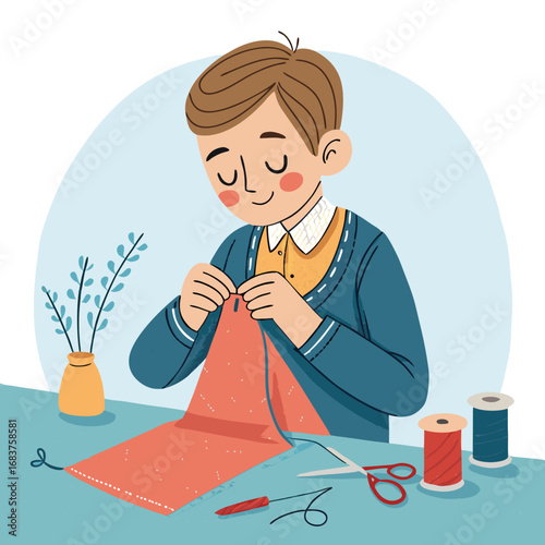 A young man concentrating on hand sewing a piece of fabric.