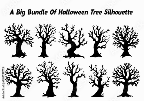 Collection of Halloween Tree Silhouettes with Bare Branches for Spooky Designs and Decorations set ten