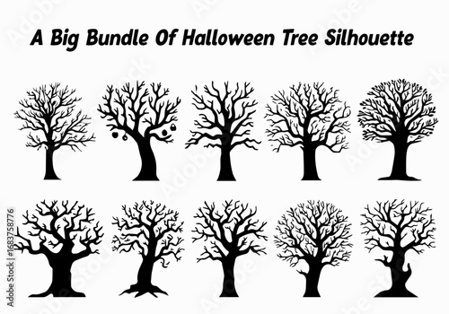 Collection of Ten Spooky Halloween Tree Silhouettes with Bare Branches on a White Background set