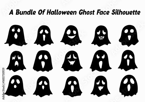 Collection of Fifteen Halloween Ghost Face Silhouettes with Various Expressions in Black and White black