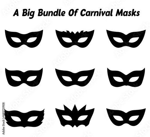 Collection of Nine Black Carnival Masks with Intricate Designs Isolated on a White Background set