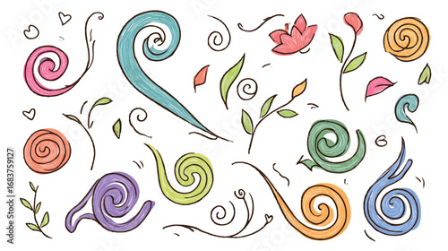 Hand drawn colorful floral elements and swirls for a fun abstract design with organic feel