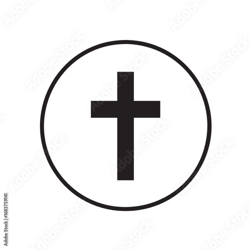 Minimalist Vector Icon of Cross Inside Circle in Black and White for Religious Symbols