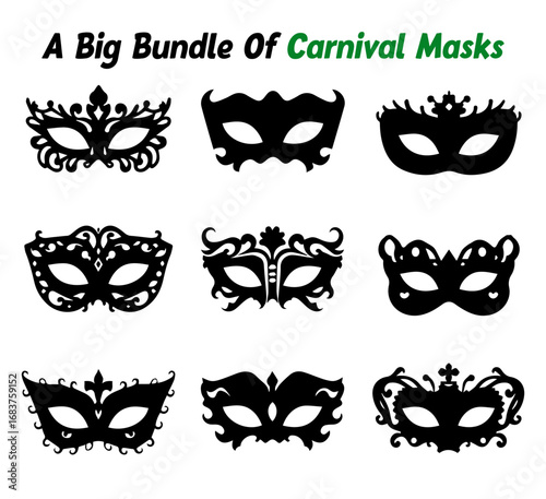 Collection of Nine Black Carnival Masks with Intricate Designs Isolated on a White Background set