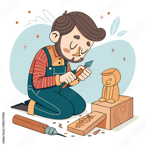 Artisan woodcarver creating a small wooden figure.