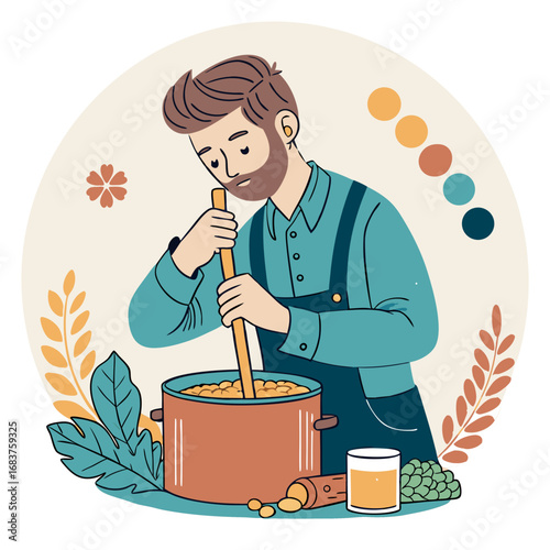 Bearded Man in Red Apron Cooking a Hearty Stew.