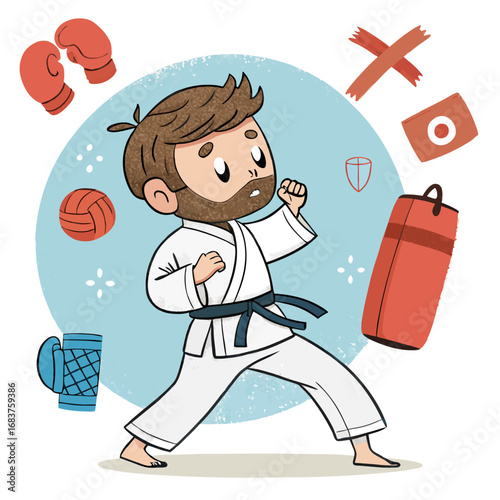 Bearded man in a white gi practicing martial arts.