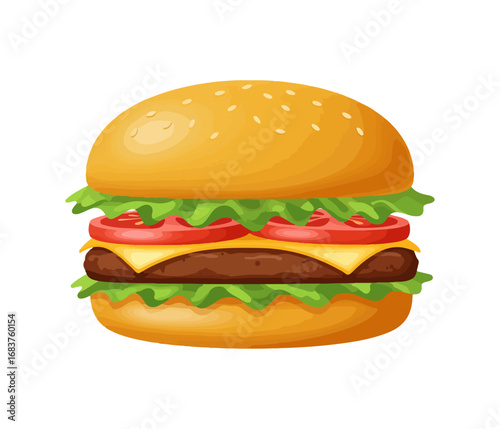 Burger, bun with ingredients vegetables and beef. Fast food. Snack sandwich. Vector cartoon illustration