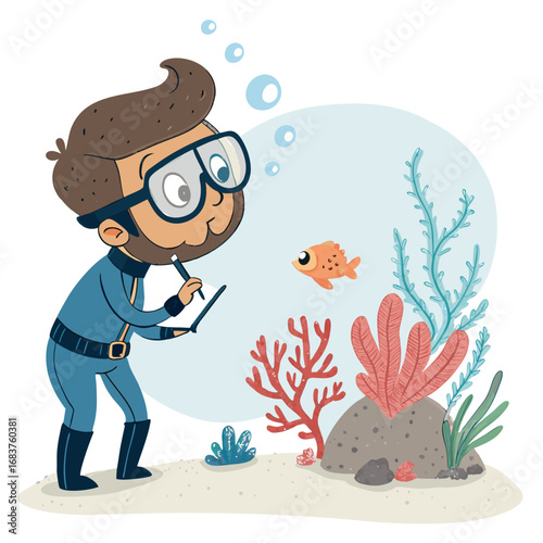 Cartoon Diver Scientist Studying Marine Life Underwater.
