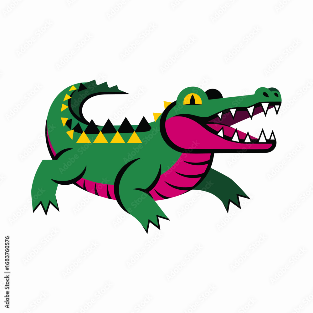 Naklejka premium Colorful Cartoon Alligator Illustration with Green Body Pink Belly and Yellow Accents