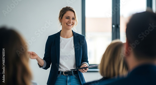 A smiling woman in a blazer presenting to a group of people in a bright modern office space setting