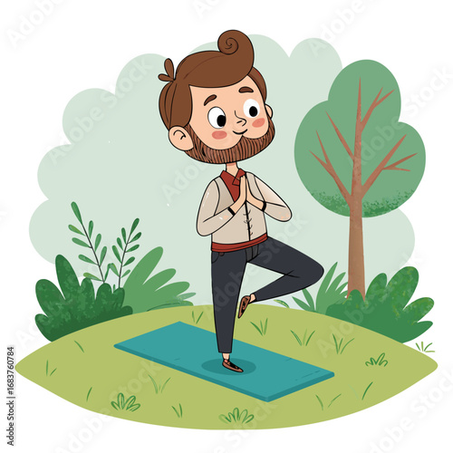 Cartoon illustration of a bearded man practicing yoga outdoors.