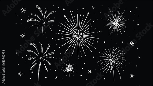 Hand Drawn Fireworks Illustration for Festive Celebrations and Special Occasions on Dark Background Display