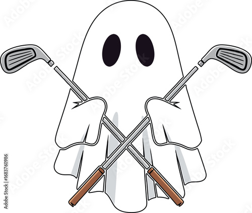 Cute cartoon ghost character holding crossed golf clubs halloween sports design