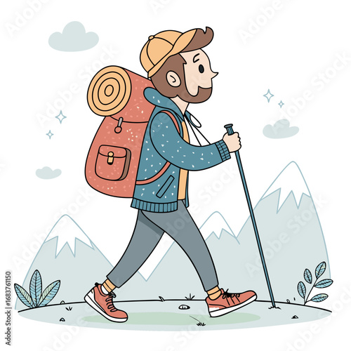 Cartoon illustration of a man hiking in the mountains.