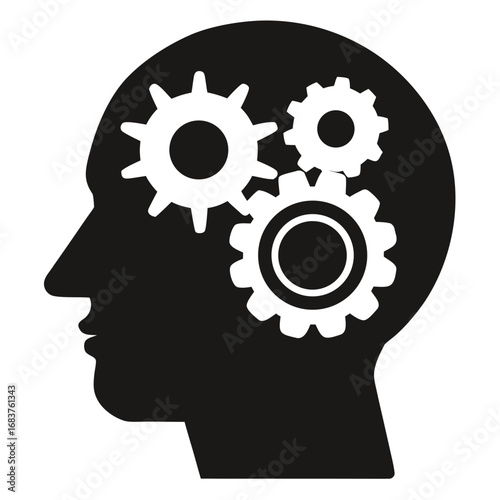 Human Head with Gears Icon – Thinking, Intelligence, and Brain Process Vector Illustration