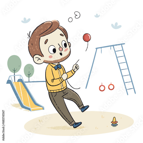 Cartoon illustration of a man losing a balloon at the playground.