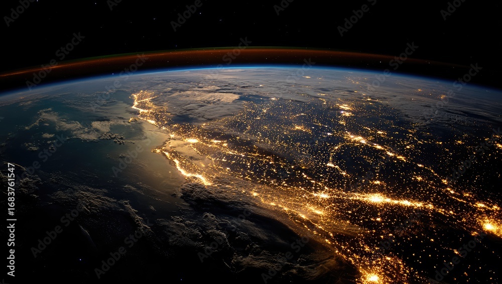 Obraz premium Earth's illuminated eastern coast. A night-time view of the eastern coast of North America from space, showing a vivid array of city lights illuminating the landscape.