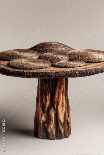 Wooden mushroom table, stylized.  Cap & stem crafted from wood