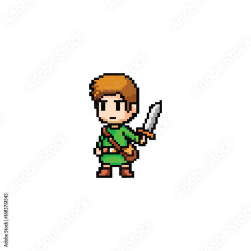 Pixelated Warrior with Sword and Satchel Ready for Adventure