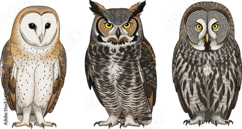 Realistic Vector Illustration of Barn Owl, Great Horned Owl, and Great Gray Owl with Detailed Plumage and Facial Features for Education