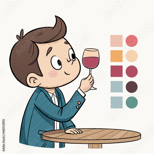 Cartoon illustration of a young man examining a glass of red wine.