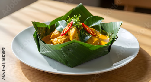Delicious Cambodian Fish Amok Curry Served in Banana Leaf Bowl on White Plate