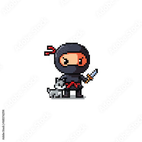 Adorable Pixel Art Ninja Warrior With Loyal Canine Companion Ready for Adventure
