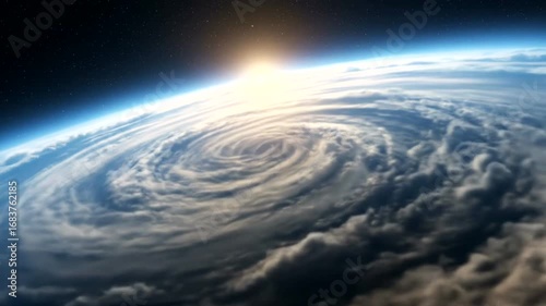 A breathtaking view of Earth from space, showcasing a swirling vortex of clouds, with a vibrant sunrise illuminating the horizon.