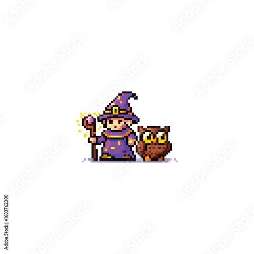Enchanting Pixel Art Wizard and Companion Owl Ready for Magical Adventures