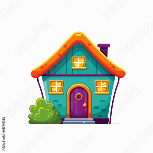 Whimsical Cartoon House with Colorful Roof and Shrubbery Outdoors