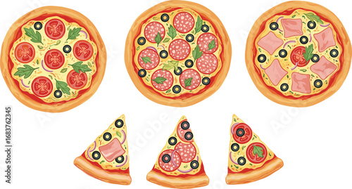 Vector Illustration of Three Whole Pizzas and Slices with Toppings Like Pepperoni, Pineapple, Tomato, Arugula for Menu Design