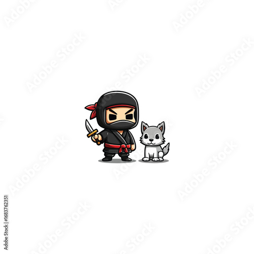 Cute Pixel Ninja Warrior With Loyal Wolf Companion Adventure