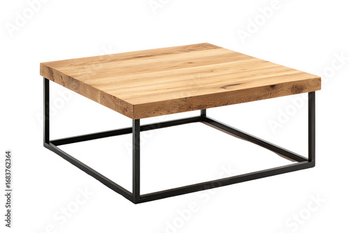 Square coffee table with a light-colored wood top and a dark metal base