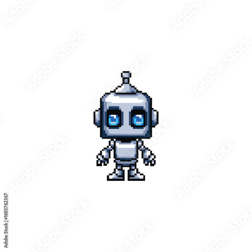 Adorable Retro Pixel Art Robot Character With Big Blue Eyes and Metallic Finish