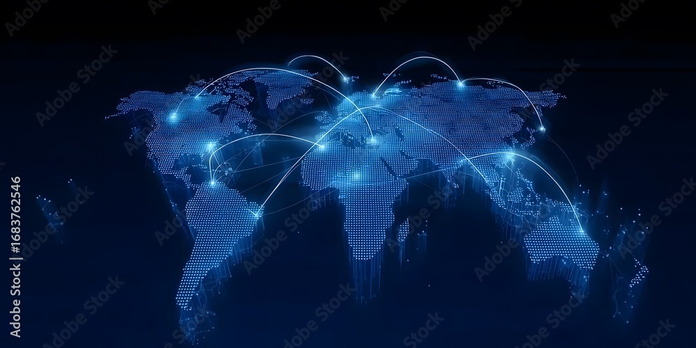 Fototapeta premium A blue world map with glowing connections between various countries, symbolizing global network and connectivity.