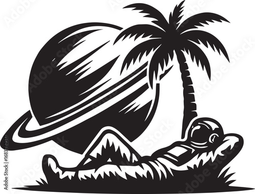 Astronaut Relaxing Under a Palm Tree on an Alien Planet with a Ringed Planet Overhead space relaxation