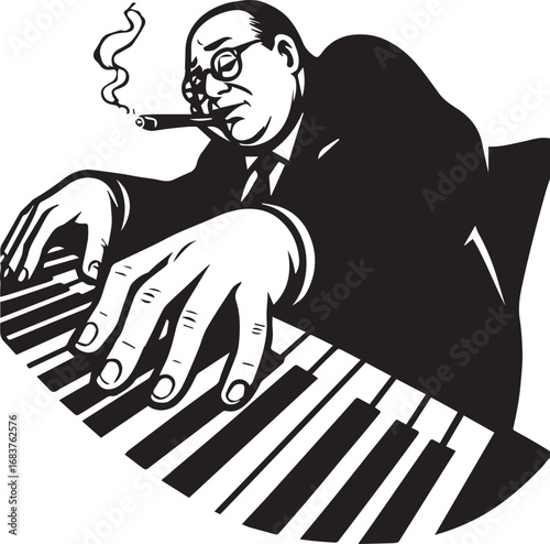 Black and White Illustration of a Man in a Suit Playing Piano and Smoking a Cigar musician jazz