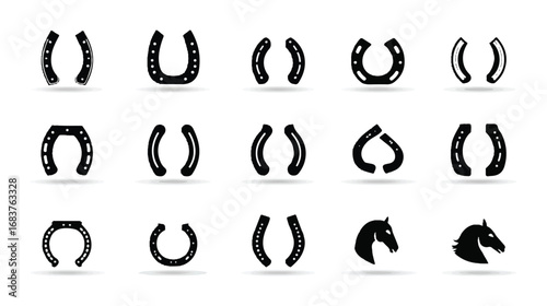 Horseshoe Vector Icon Set with Lucky Charm Symbol Design Elements in Black and White Style