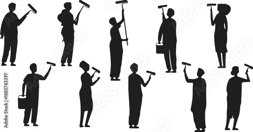 Silhouette of painters with rollers, teamwork painting wall, renovation crew, construction workers, home improvement, group activity, DIY project scene