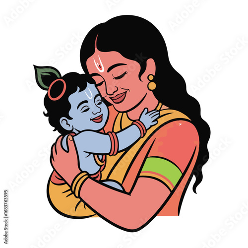 Yashoda and Baby Krishna Clipart – Colorful Indian Mythology Scene with Affection and Traditional Attire