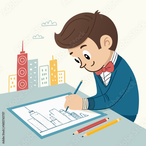 Creative Architect Sketching a Metropolis Blueprint.