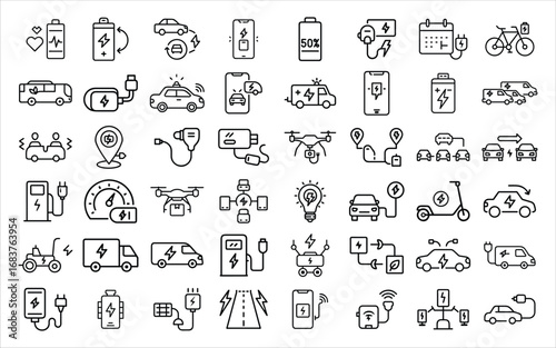 Collection of electric vehicle and charging station icons
