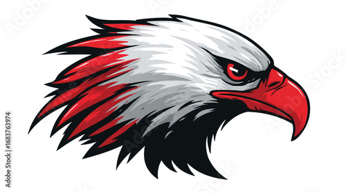 Illustration of a strong bald eagle head with red beak and sharp eye expression on white background