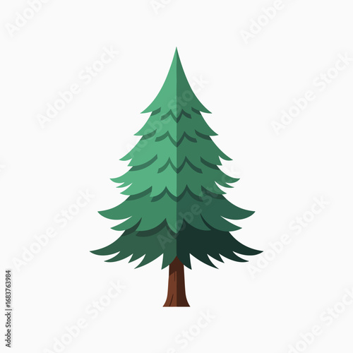 Beautiful Green Evergreen Tree with Brown Trunk and White Background Illustration