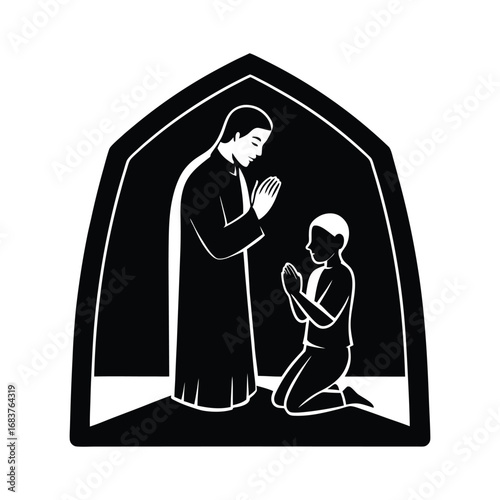 Priest and Boy Kneeling in Prayer Black and White Vector Illustration