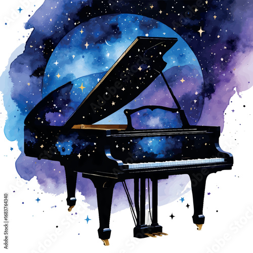 Cosmic Grand Piano Watercolor Art. Celestial Night Sky Musical Instrument Illustration.