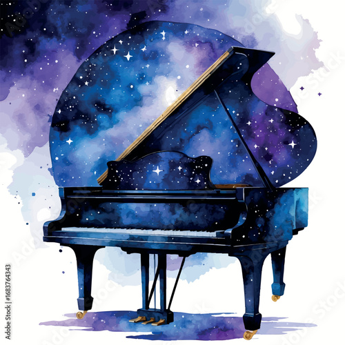 Cosmic Grand Piano Watercolor Art. Celestial Night Sky Musical Instrument Illustration.