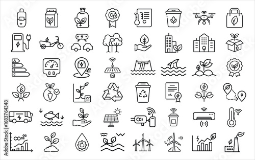 Collection of eco friendly technology and sustainability icons